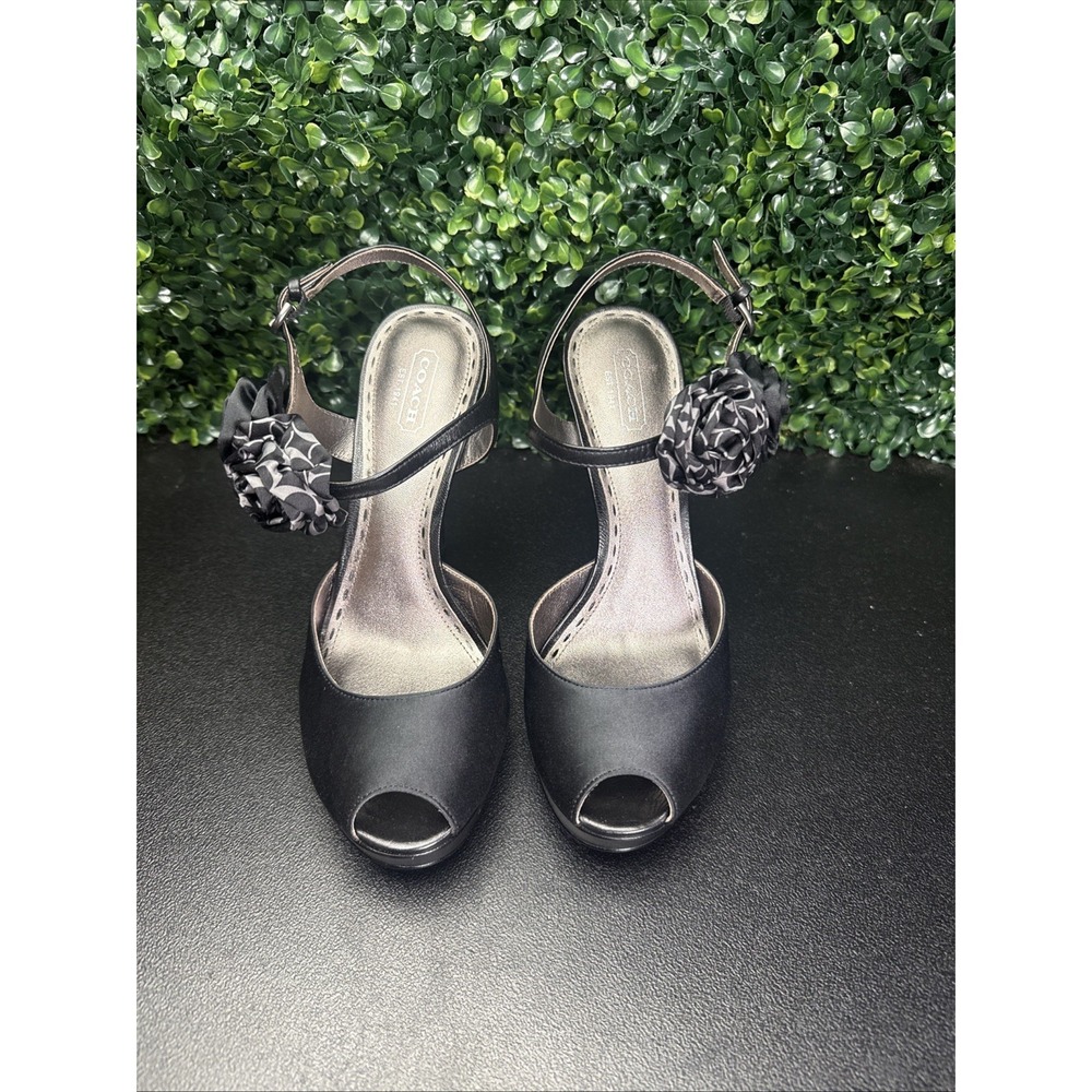 Coach Addysen black satin rosette peep toe high heels Size 8.5 B - Picture 2 of 7
